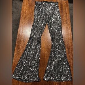 Lucy in the Sky Silver Sequin Bell Bottom Semi-Sheer Pants XL See Measurements